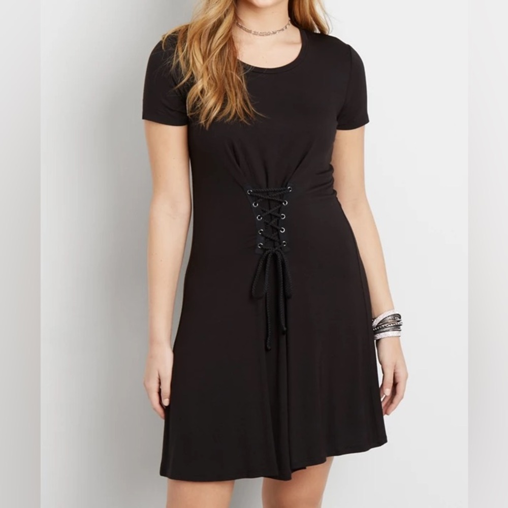 Goth like 24/7 M Black Corset T-Shirt Dress Short Sleeve Lace Up flowy or biker